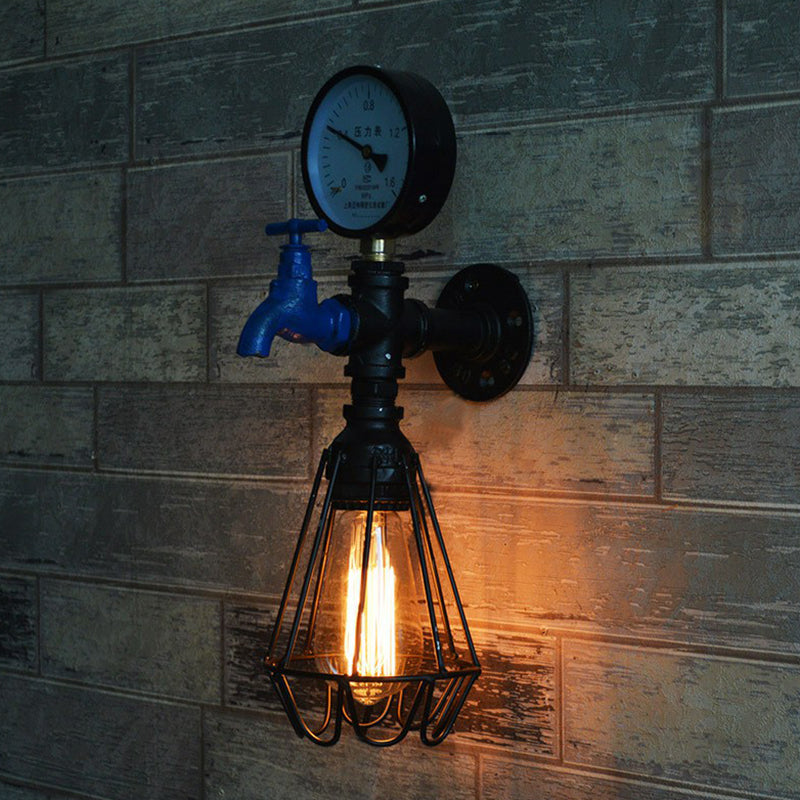 Industrial Water Tap Sconce Lighting 1 Head Metal Wall Lamp Fixture with Cage and Gauge in Black