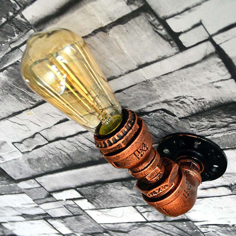 Single-Bulb Sconce Light Industrial Water Pipe Metal Wall Lamp in Rust for Garage