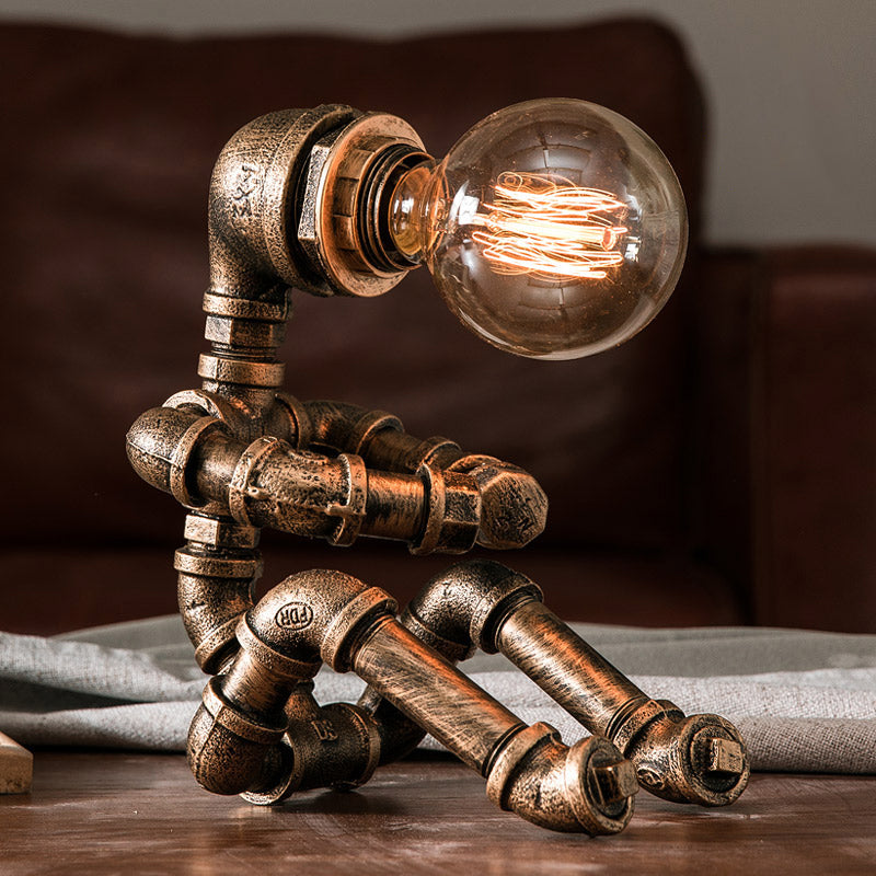1-Light Pipe Robot Table Lamp Industrial Antiqued Bronze Metal Night Stand Light for Bedroom