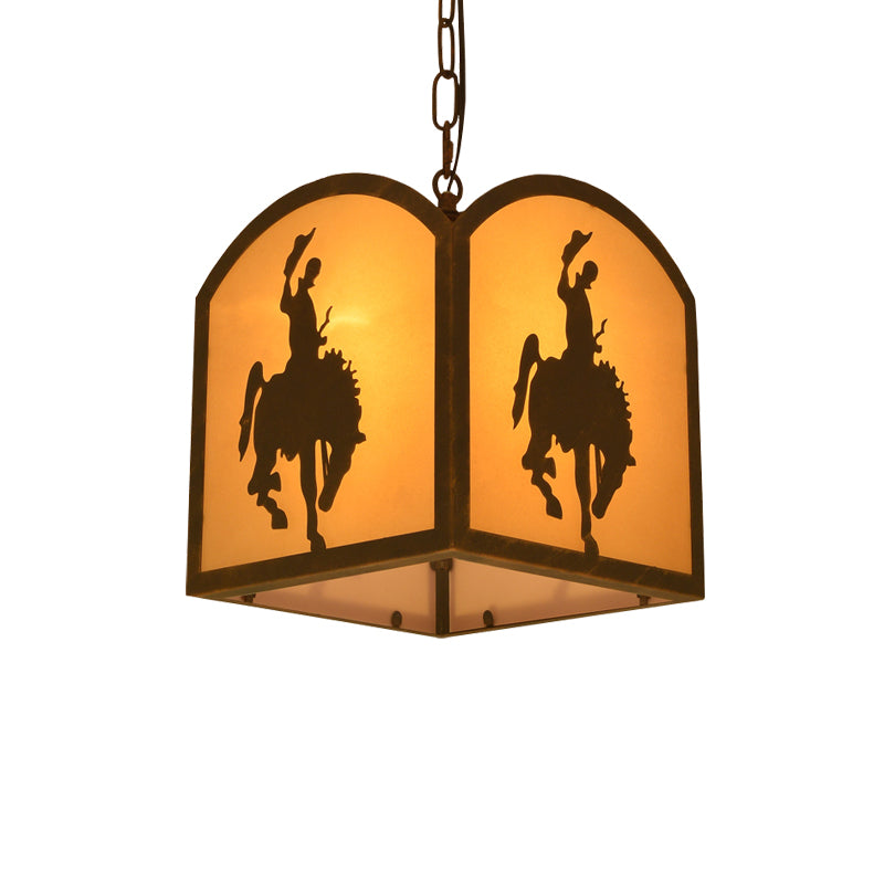 Square Pendant Lighting Metal Vintage 1 Bulb Restaurant Hanging Light Kit in Rust with Horse Pattern