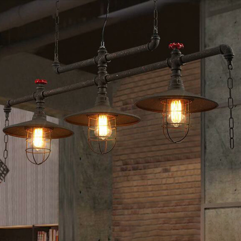 Iron Saucer over Island Lighting Rustic Dining Room Pendant Lamp with Cage Guard in Black