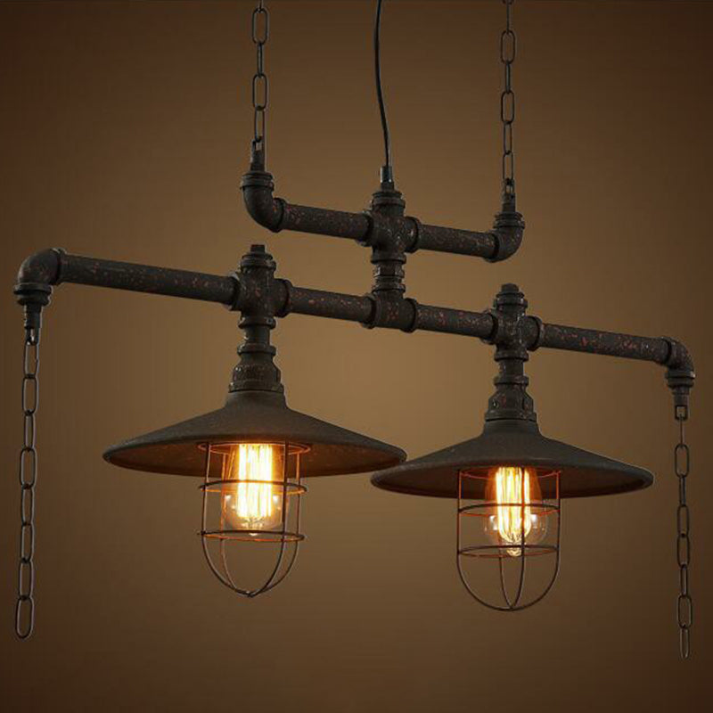 Iron Saucer over Island Lighting Rustic Dining Room Pendant Lamp with Cage Guard in Black