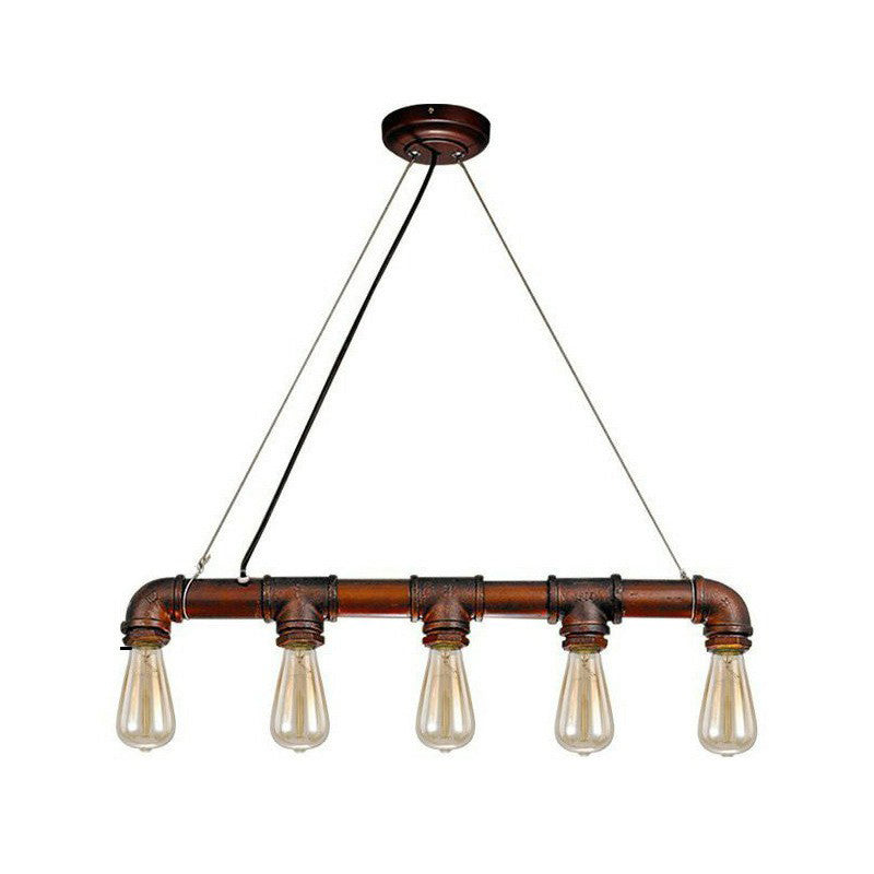 Steampunk Straight Pipe Pendant Light Fixture 5-Head Iron Island Ceiling Lamp in Rust
