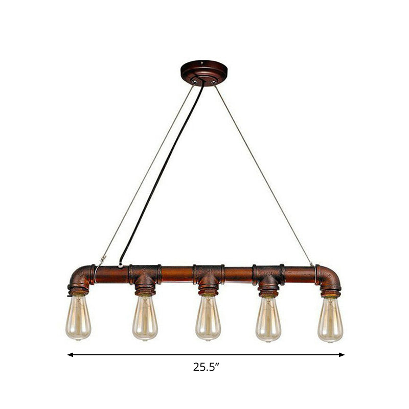 Steampunk Straight Pipe Pendant Light Fixture 5-Head Iron Island Ceiling Lamp in Rust