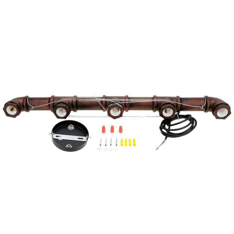 Steampunk Straight Pipe Pendant Light Fixture 5-Head Iron Island Ceiling Lamp in Rust