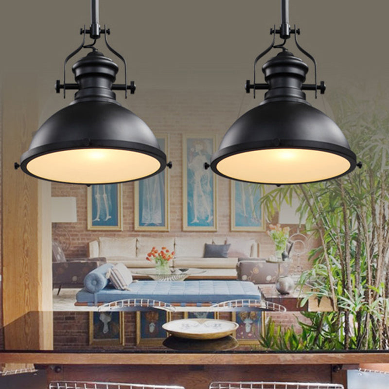 Vintage Bowl Pendant Lighting 1 Bulb Metal Ceiling Suspension Lamp with Frosted Glass Cover in Black