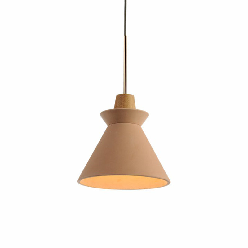 1 Head Dining Room Hanging Light Minimalist Wood Pendant with Conical Cement Shade