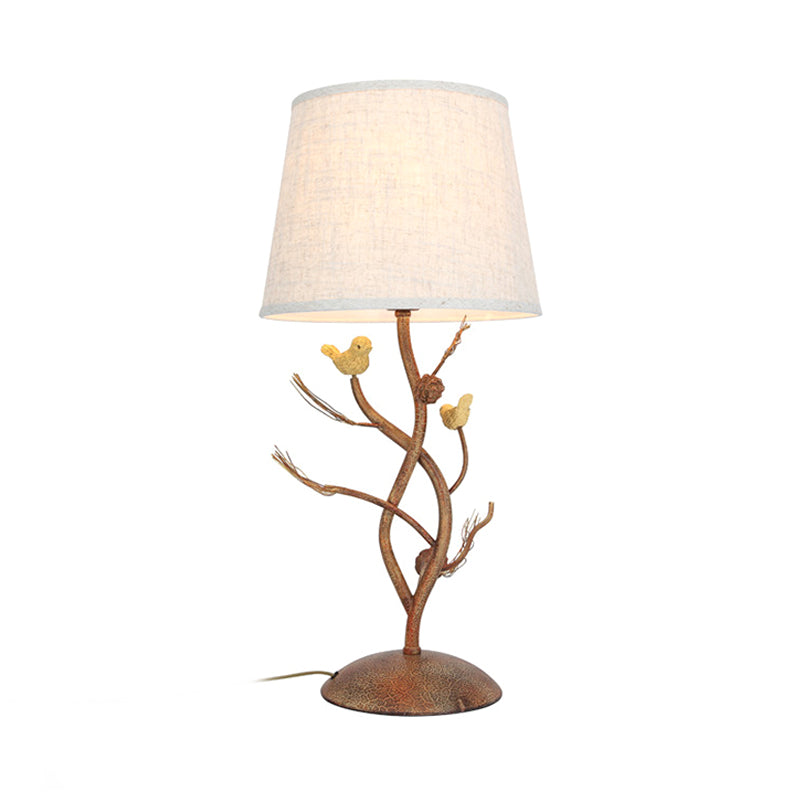 Drum Bedroom Night Table Lamp Country Style Fabric 1 Light Beige Desk Light with Tree and Bird