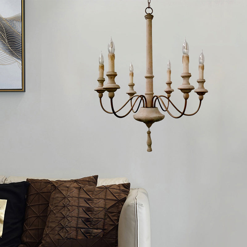 Éclairage de lustre Sputnik Retro Wood-White 6 ampoules suspendues plafond avec bras incurvé