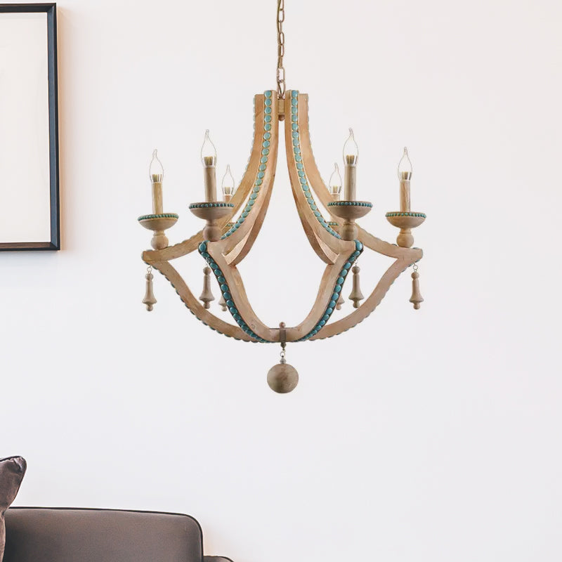 Beige Kerzendeckende Decke Kronleuchter traditionelles Holz 6 Köpfe hängende Leuchte mit grünem Kiefernstein