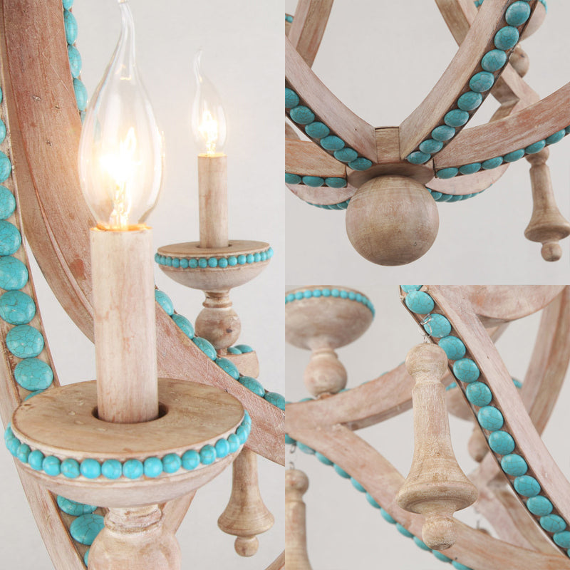 Araña de techo de vela beige madera tradicional 6 cabezas colgantes lámparas con piedra de pino verde