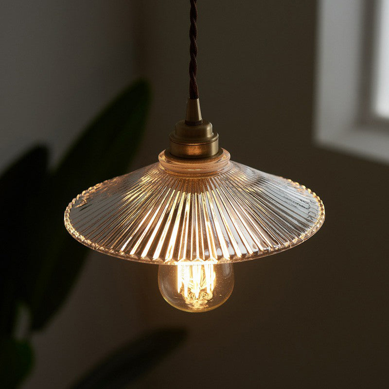 Cone Clear Ribbed Glass Hanging Lamp Vintage Single-Bulb Dining Room Lighting Pendant