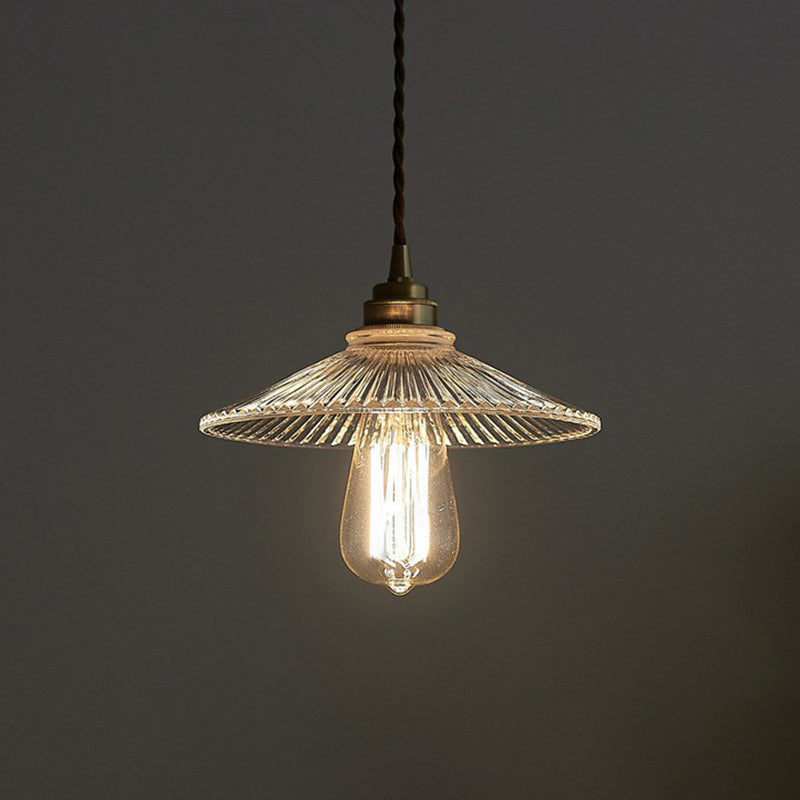 Cone Clear Ribbed Glass Hanging Lamp Vintage Single-Bulb Dining Room Lighting Pendant