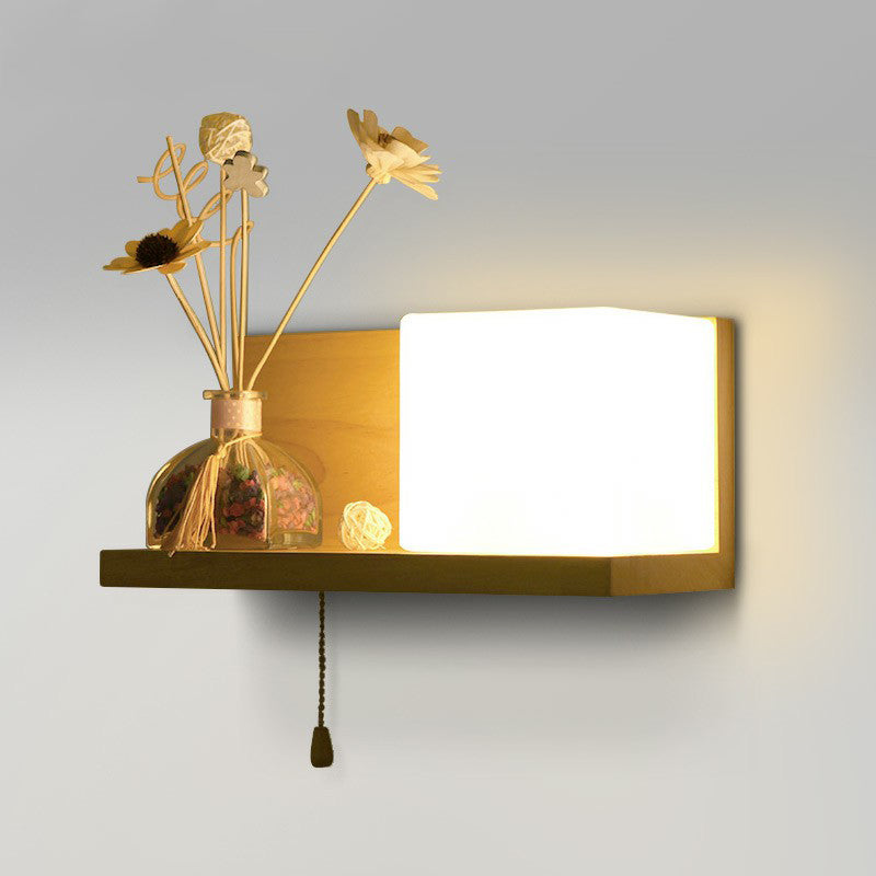 Milk Glass Cube Wall Sconce Lighting Nordic 1-Bulb Wood Shelf Wall Light with Pull Chain