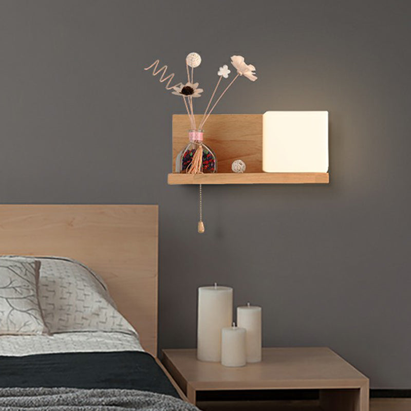 Milk Glass Cube Wall Sconce Lighting Nordic 1-Bulb Wood Shelf Wall Light with Pull Chain