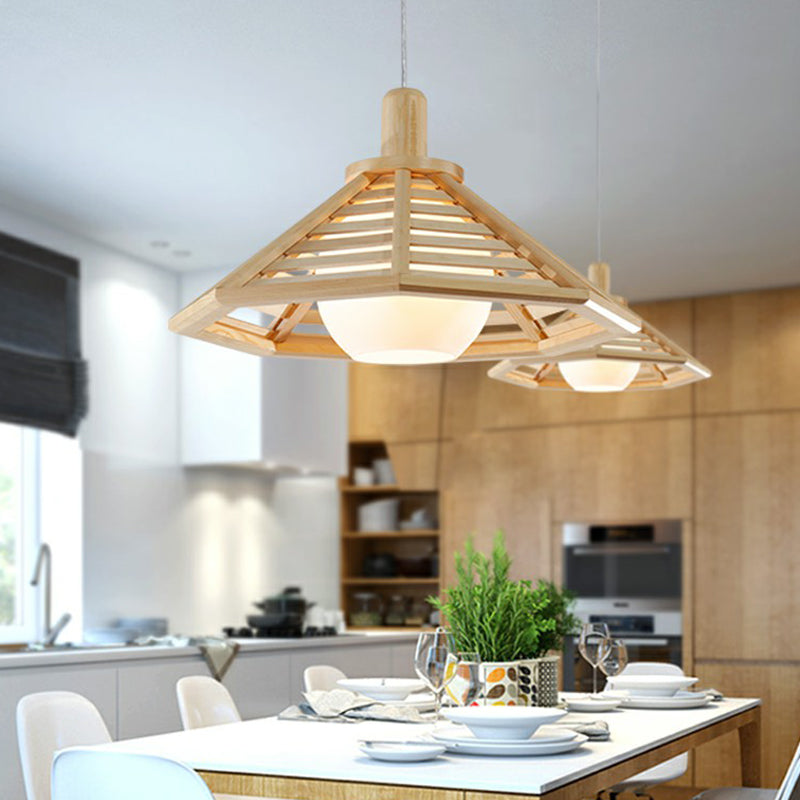 Conical Cage Hanging Light Fixture Nordic Wooden 1 Bulb Restaurant Ceiling Lamp with Ball White Glass Shade