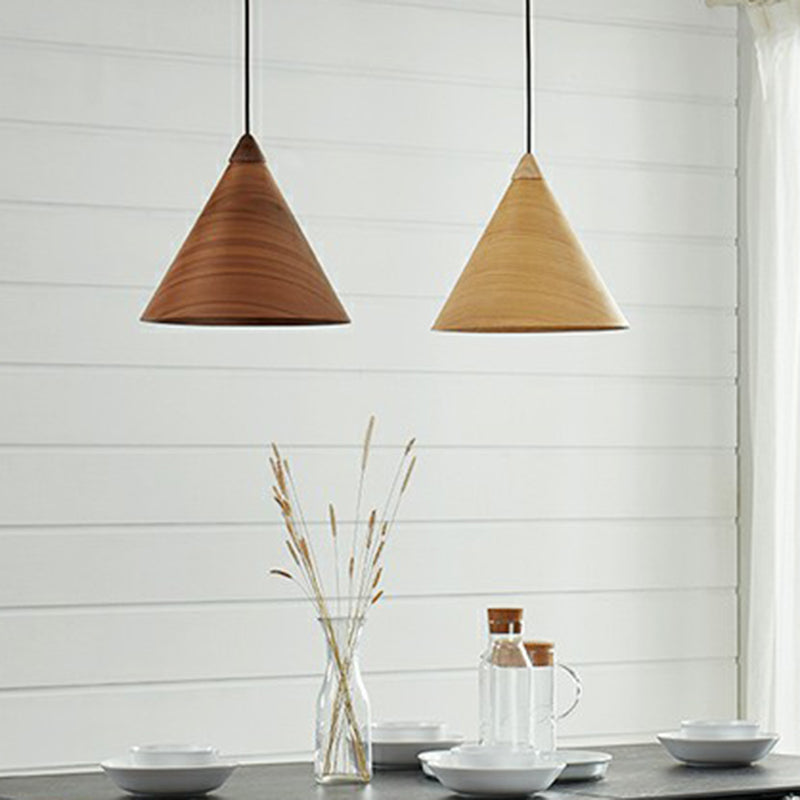 Conical Dining Room Suspension Lamp Wooden 1-Head Minimalistic Hanging Pendant Light