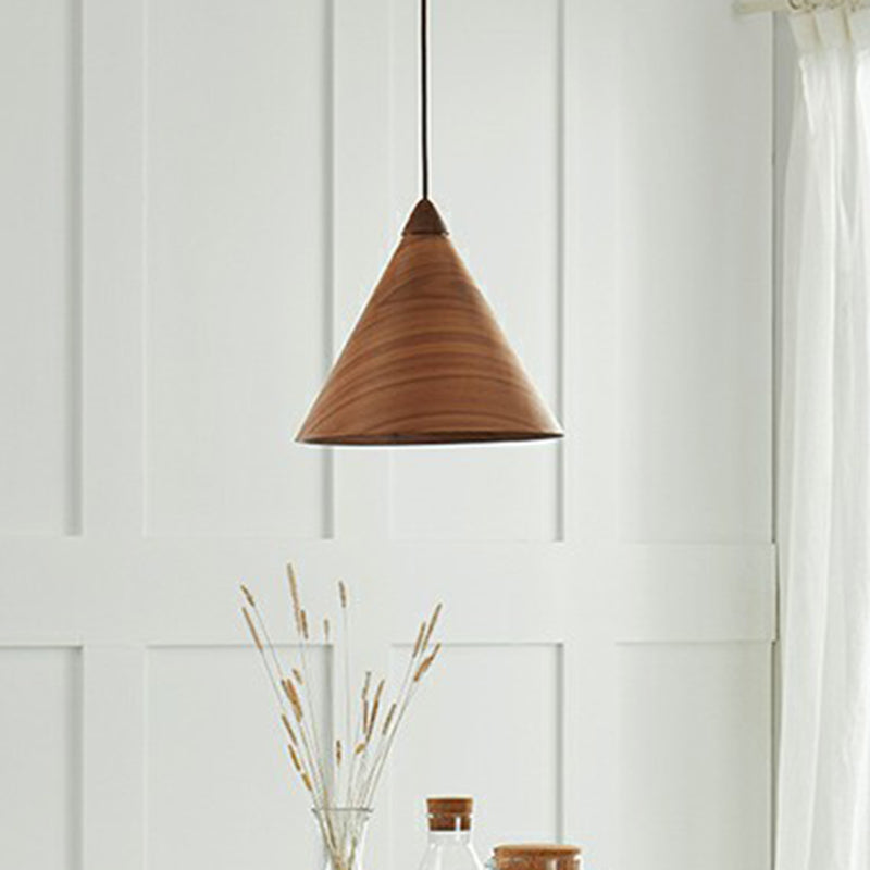 Conical Dining Room Suspension Lamp Wooden 1-Head Minimalistic Hanging Pendant Light