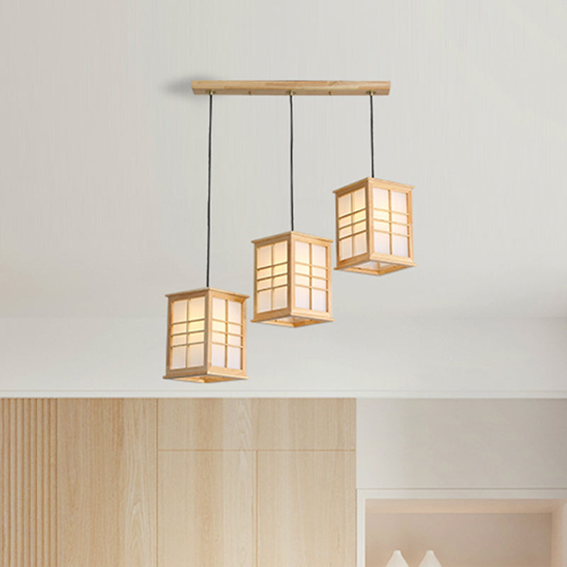 Japonais 3 lumières pendentif beige rectangulaire lampe suspendue avec une teinte en bois pour salle à manger