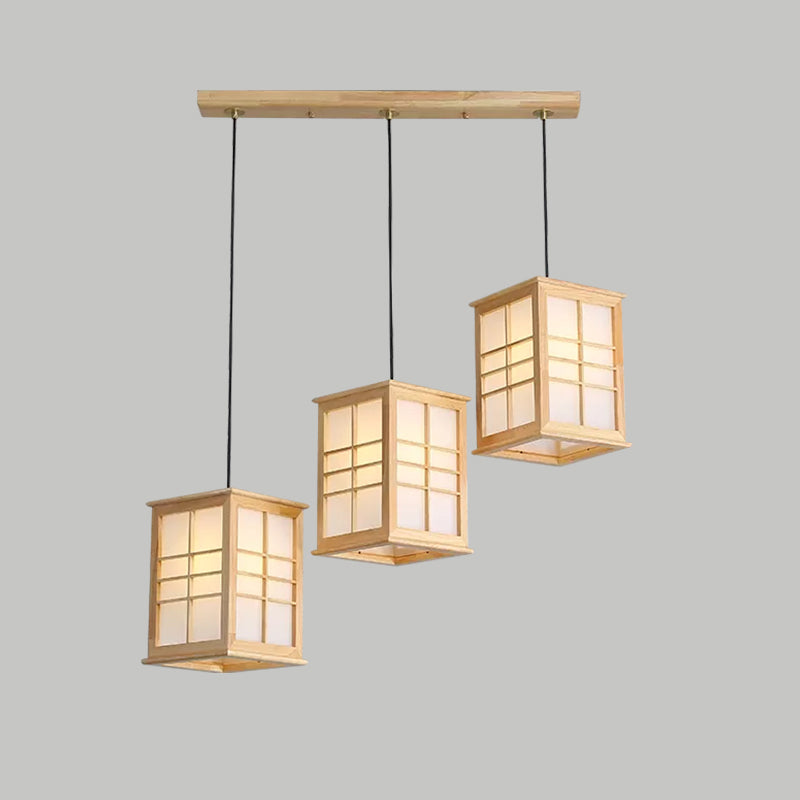 Japonais 3 lumières pendentif beige rectangulaire lampe suspendue avec une teinte en bois pour salle à manger