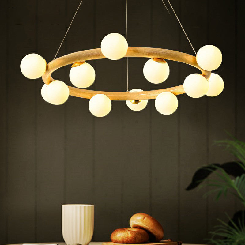 Circular Wooden Pendant Chandelier Minimalism Beige Hanging Light with Orb White Glass Shade
