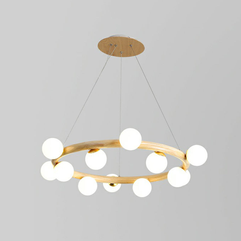 Circular Wooden Pendant Chandelier Minimalism Beige Hanging Light with Orb White Glass Shade