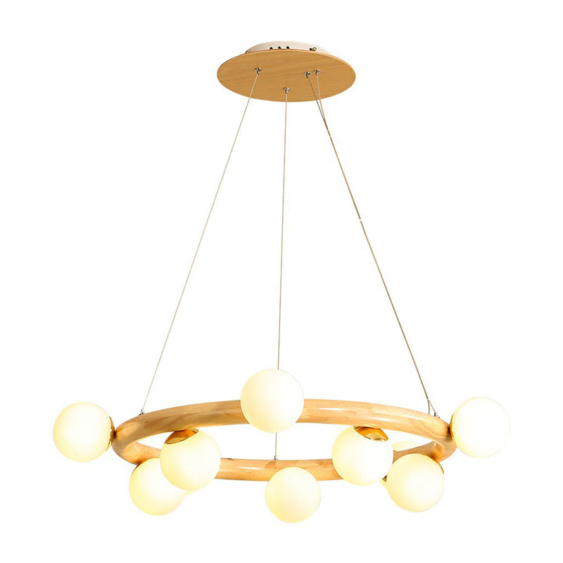 Minimalismo de araña colgante de madera circular Beige Luz colgante con sombra de vidrio blanco orbe