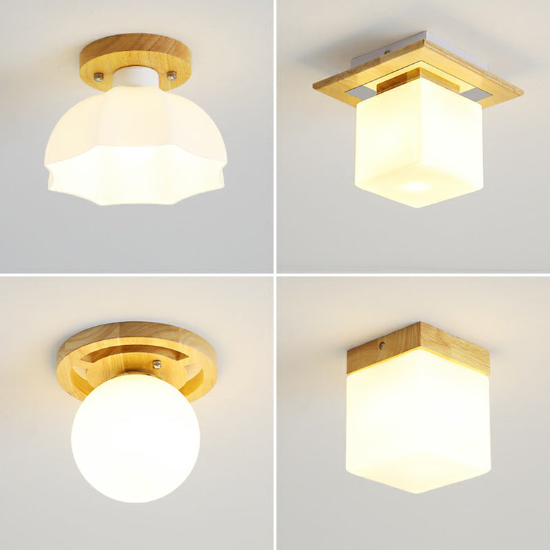 Small Aisle Ceiling Flush Light White Glass 1 Head Nordic Semi Mount Lighting in Wood
