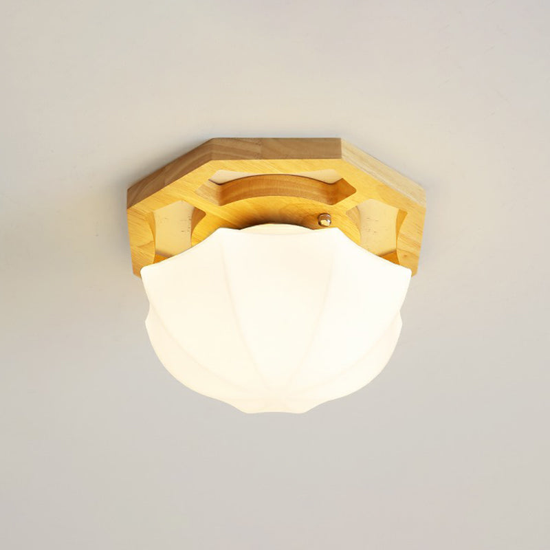 Small Aisle Ceiling Flush Light White Glass 1 Head Nordic Semi Mount Lighting in Wood