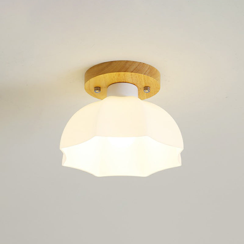 Small Aisle Ceiling Flush Light White Glass 1 Head Nordic Semi Mount Lighting in Wood