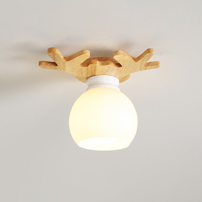 Small Aisle Ceiling Flush Light White Glass 1 Head Nordic Semi Mount Lighting in Wood