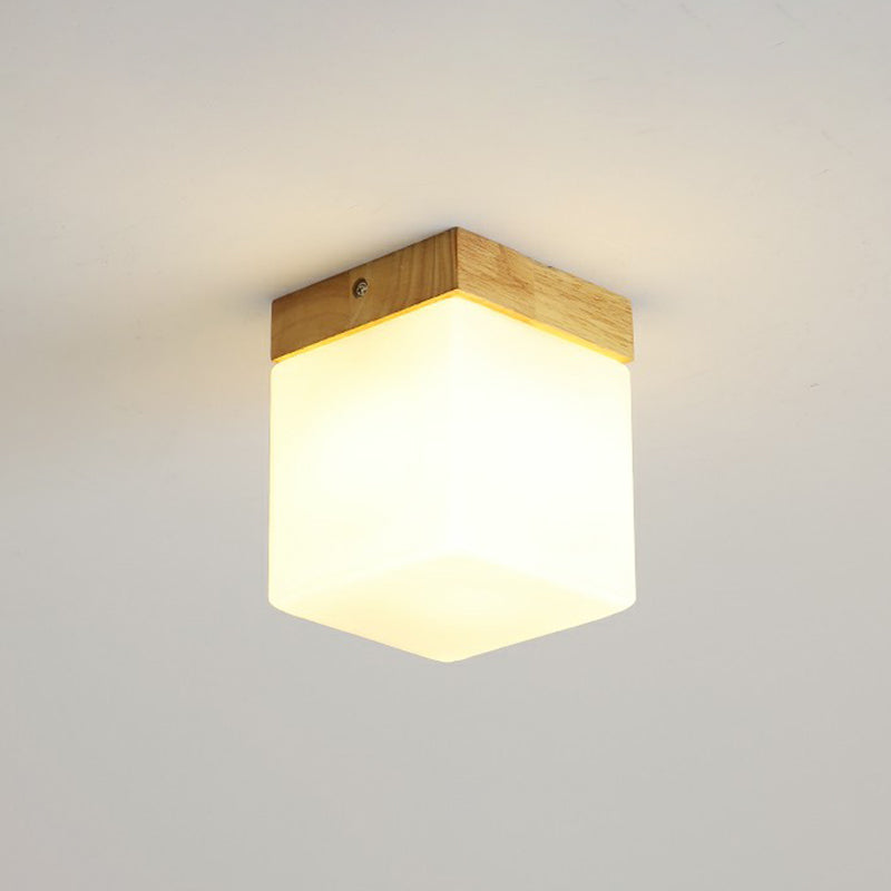 Small Aisle Ceiling Flush Light White Glass 1 Head Nordic Semi Mount Lighting in Wood