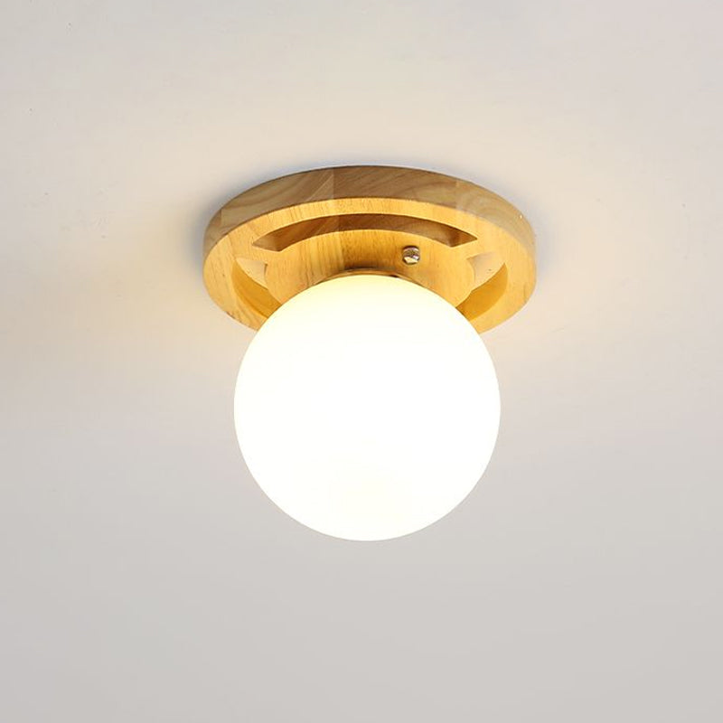 Small Aisle Ceiling Flush Light White Glass 1 Head Nordic Semi Mount Lighting in Wood