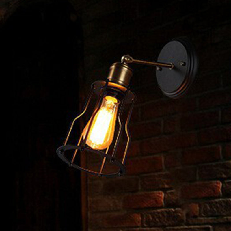 1-Light Swivelable Arm Wall Light Industrial Black Metal Wall Lamp Fixture with Cage Shade