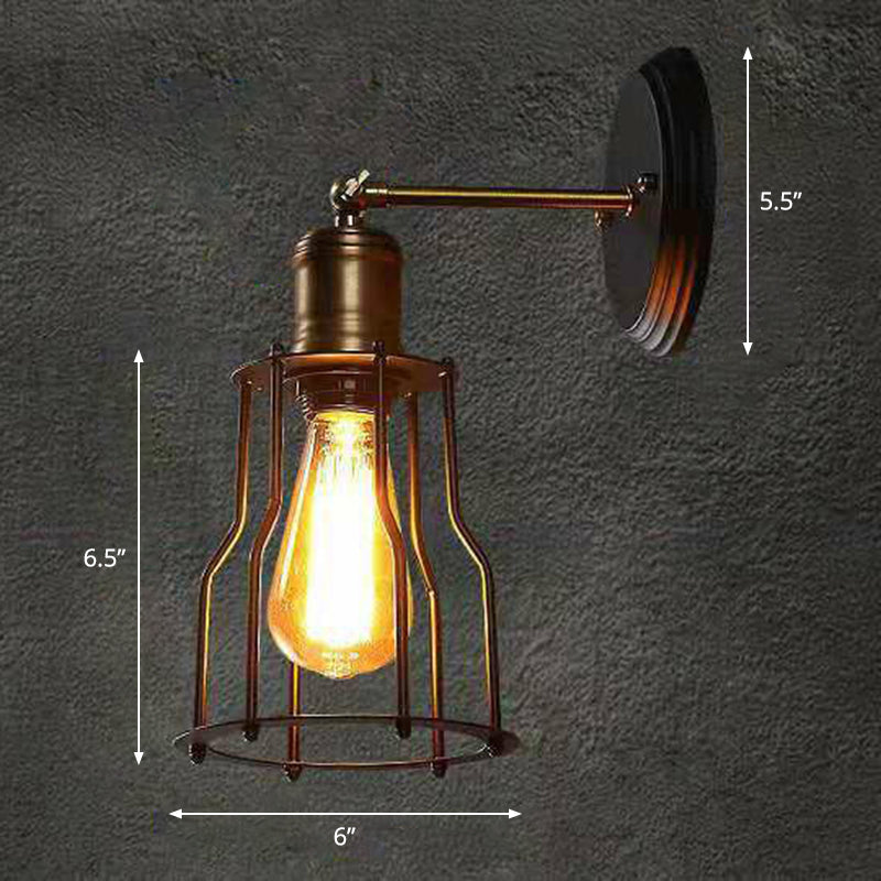 1-Light Swivelable Arm Wall Light Industrial Black Metal Wall Lamp Fixture with Cage Shade