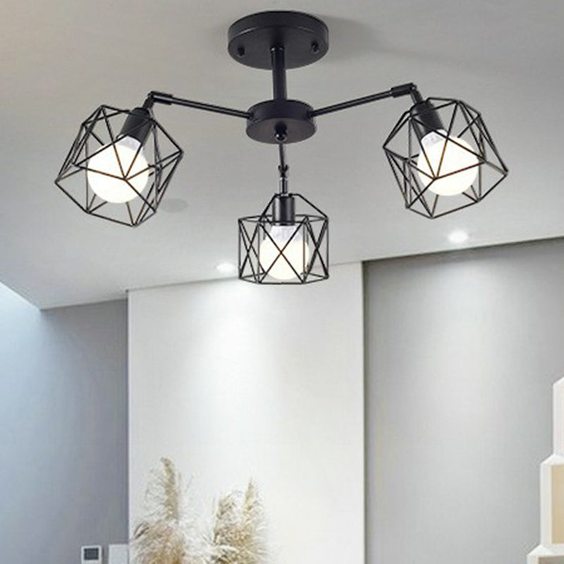 Plafonnier encastré industriel pour salon avec cage hexagonale en fer noir