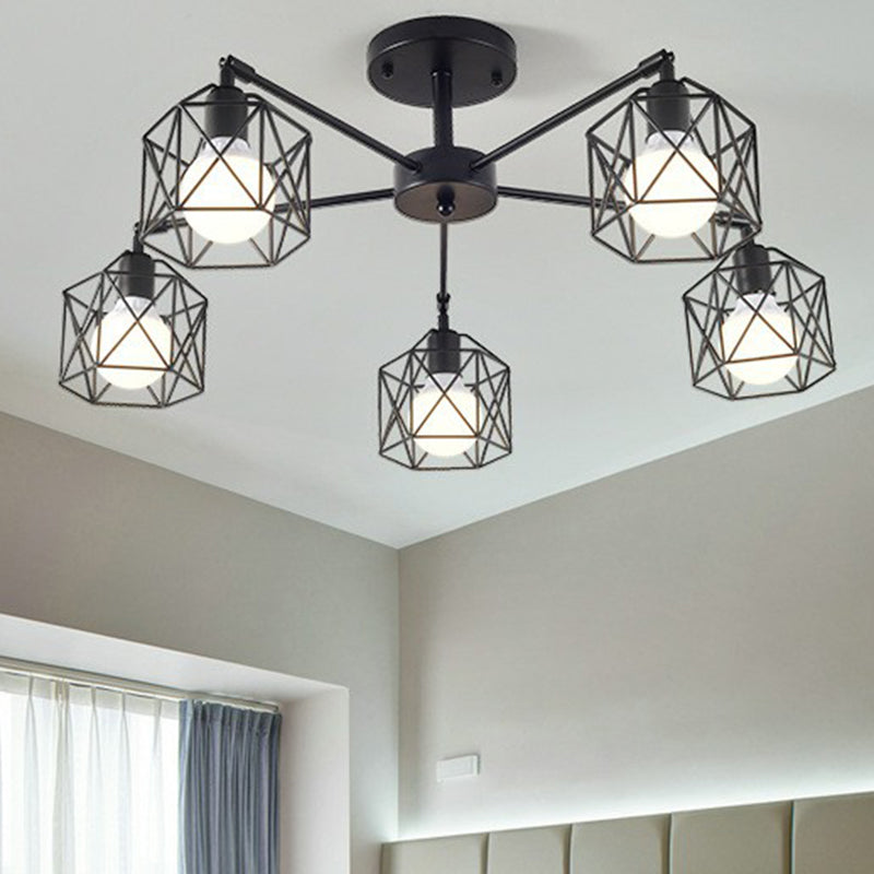 Plafonnier encastré industriel pour salon avec cage hexagonale en fer noir