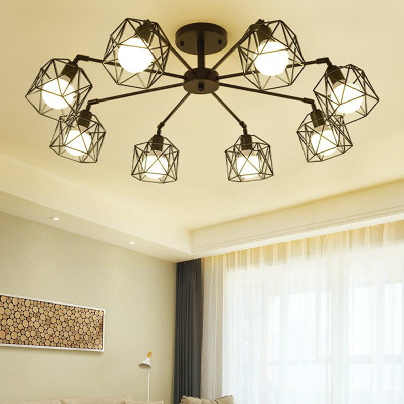 Plafonnier encastré industriel pour salon avec cage hexagonale en fer noir