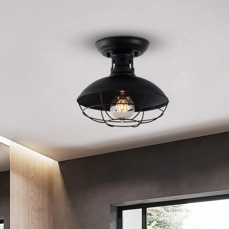 Metal Bowl Shaped Ceiling Lamp Farmhouse 1 Head Corridor Semi Flush Mount Light with Cage in Black