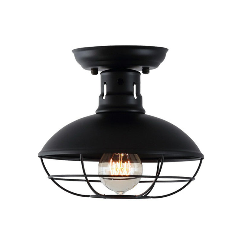 Metal Bowl Shaped Ceiling Lamp Farmhouse 1 Head Corridor Semi Flush Mount Light with Cage in Black