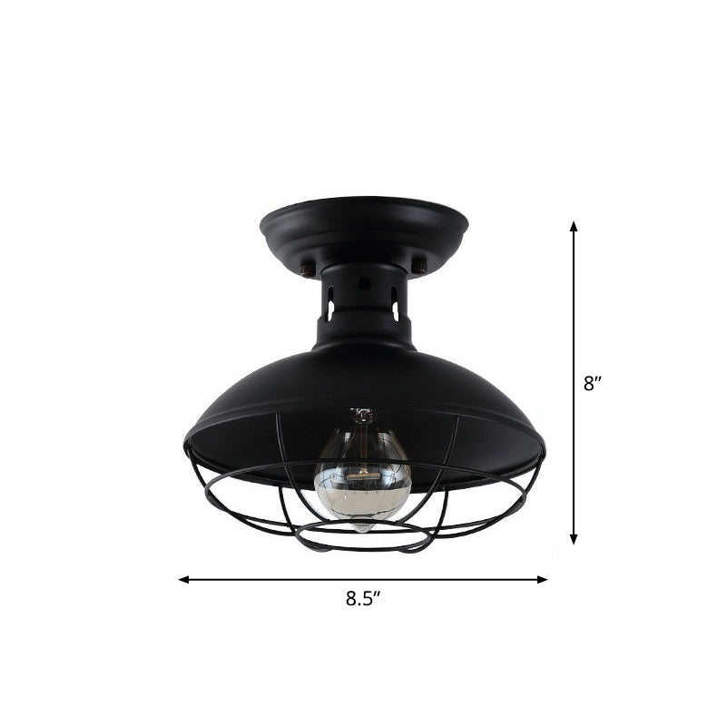 Metal Bowl Shaped Ceiling Lamp Farmhouse 1 Head Corridor Semi Flush Mount Light with Cage in Black