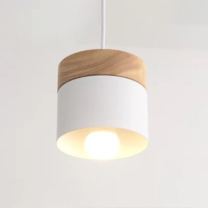 Cylindrical Metal Hanging Lamp Minimalist 1-Light Wood Pendant Light Fixture over Table