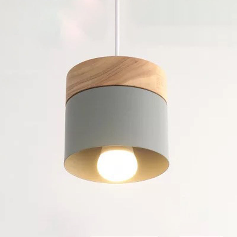 Cylindrical Metal Hanging Lamp Minimalist 1-Light Wood Pendant Light Fixture over Table