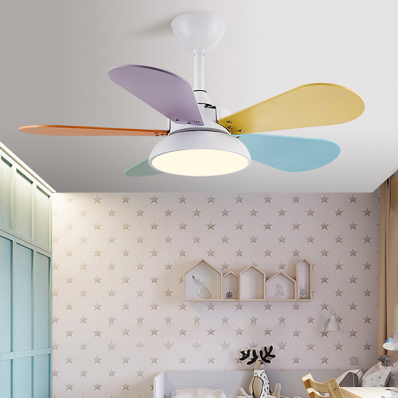 Round Kids Room Ceiling Fan Lamp Acrylic Macaron LED Semi Flush Mount Light Fixture