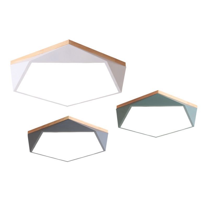 Geometric Bedroom Ceiling Mounted Light Acrylic Macaron LED Flush Mount Lighting with Wood Decoration