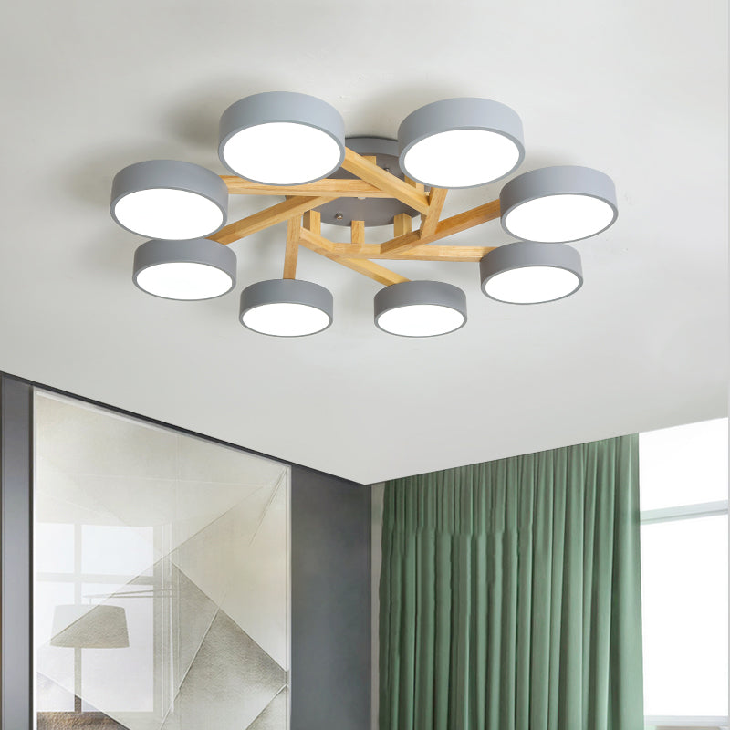 Wood Branch Ceiling Flush Light Minimalistic LED Semi Flush Mount Lamp with Round Acrylic Shade