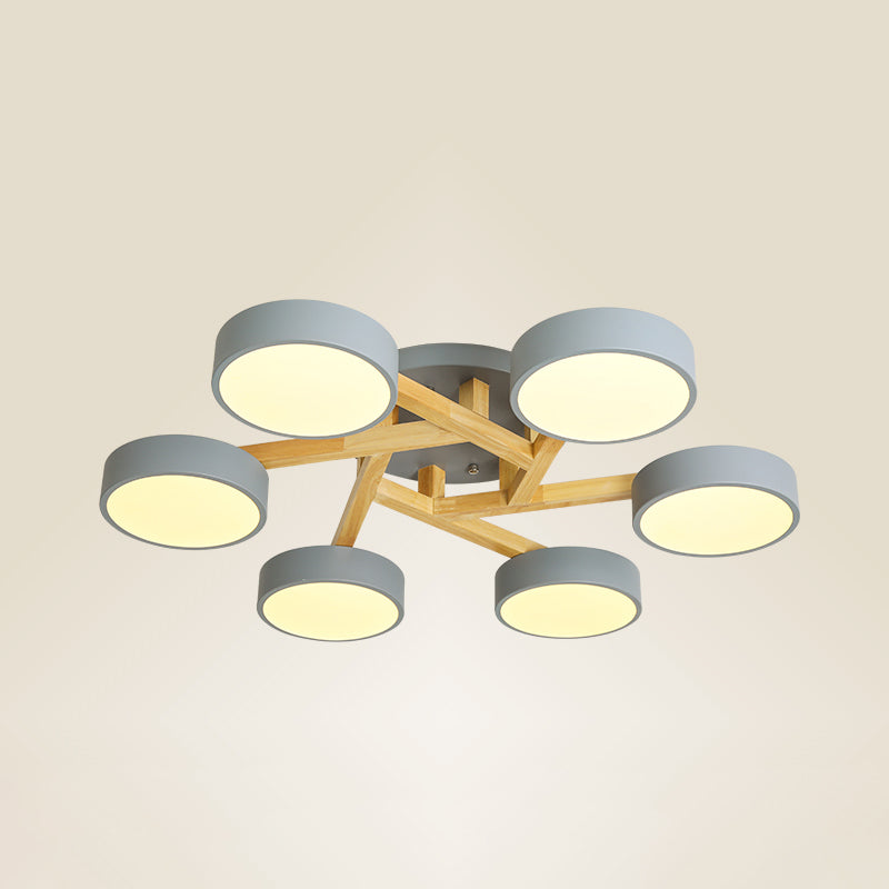 Wood Branch Ceiling Flush Light Minimalistic LED Semi Flush Mount Lamp with Round Acrylic Shade