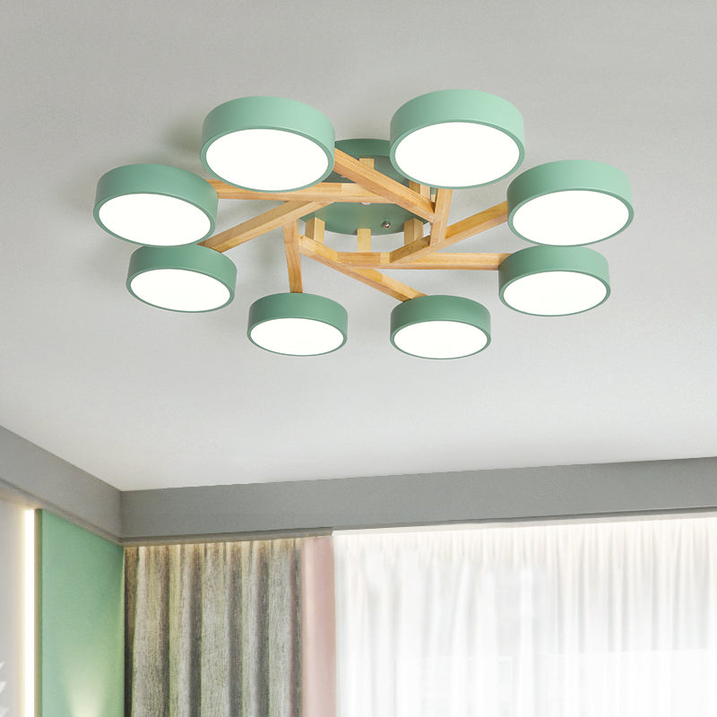Wood Branch Ceiling Flush Light Minimalistic LED Semi Flush Mount Lamp with Round Acrylic Shade