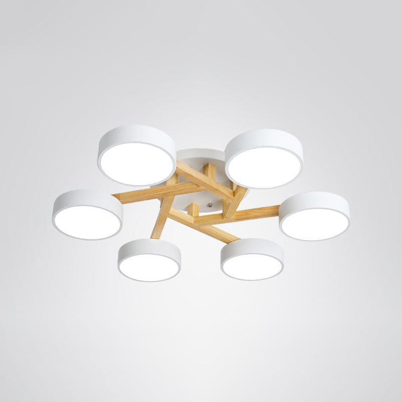 Wood Branch Ceiling Flush Light Minimalistic LED Semi Flush Mount Lamp with Round Acrylic Shade