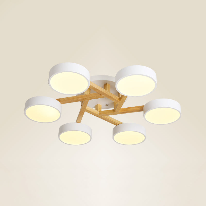Wood Branch Ceiling Flush Light Minimalistic LED Semi Flush Mount Lamp with Round Acrylic Shade